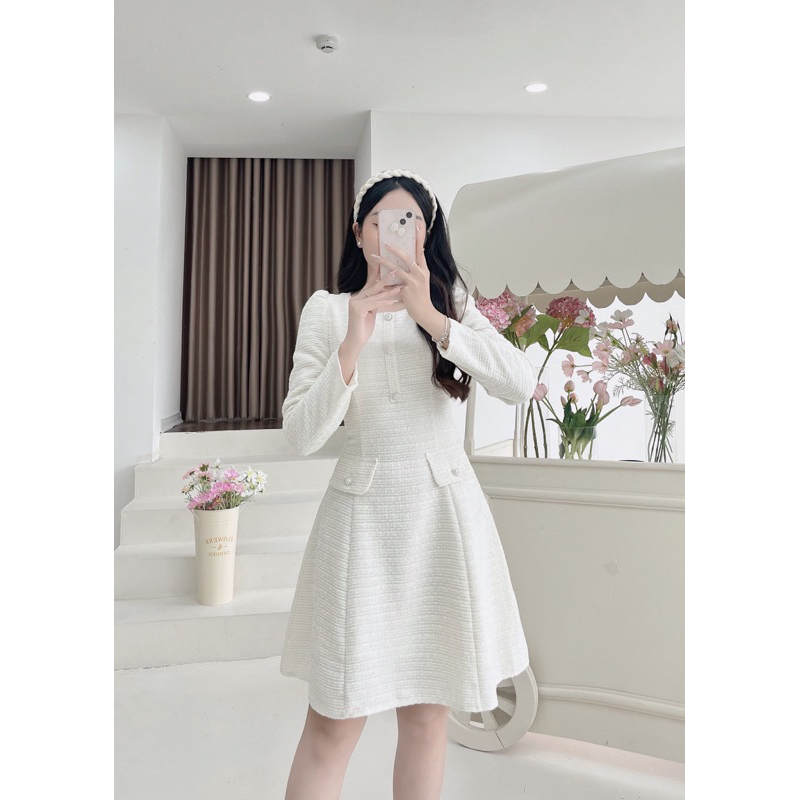 [JAMELA] Đầm dạ tweed midi cổ tròn phối cúc
