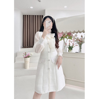 Váy dạ tweed tay dài phối voan cổ nơ
