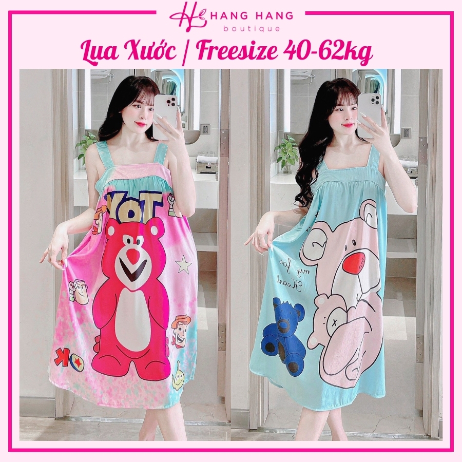 Đầm váy ngủ 2 dây bản to lụa xước dáng rộng 40-62kg, đầm váy ngủ lụa cute gấu dâu dễ thương bầu bì mặc nhà xinh giá rẻ