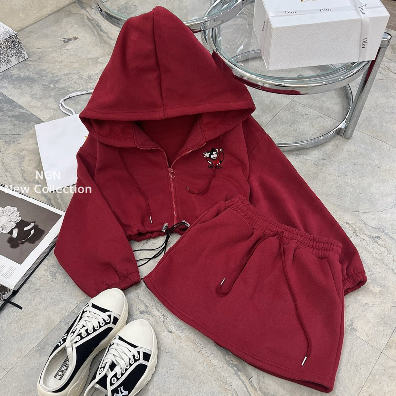 Sét áo khoác nỉ mickey có mũ + chân váy chữ A