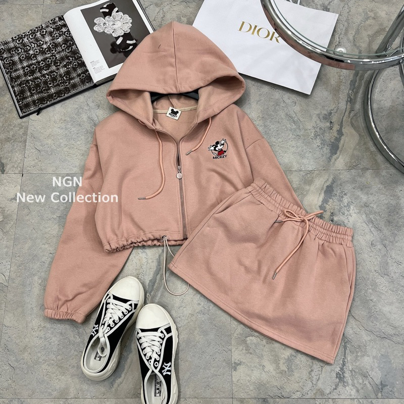 Sét áo khoác nỉ mickey có mũ + chân váy chữ A