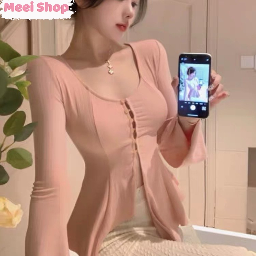Áo tay dài kiểu loe Meei Shop cổ chữ U phối cúc cài quyến rũ, Áo kiểu nữ phong cách nữ tính tiểu thư chất gân tăm -A5882