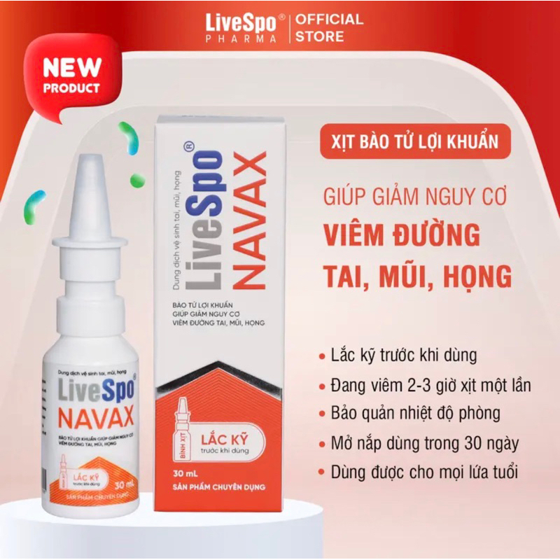 Livespo Navax - Xịt lợi khuẩn 5 tỷ lợi khuẩn chăm sóc, vệ sinh, phòng ngừa vi.êm nhiễm tai mũi họng (Hộp 4 ống x 5ml)