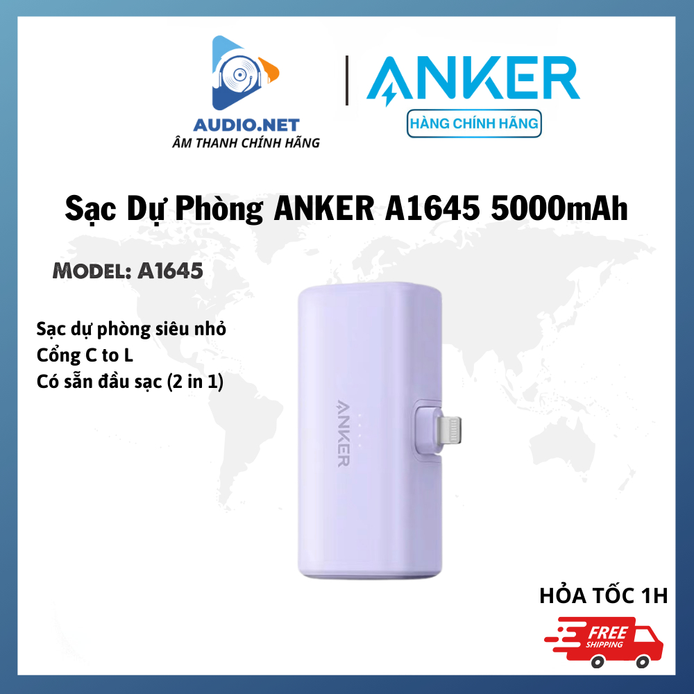 Pin sạc dự phòng Anker A1645 chân gập, đầu sạc cổng L, 5000mAh sạc nhanh 22,5W 20W - Bảo hành 12 tháng