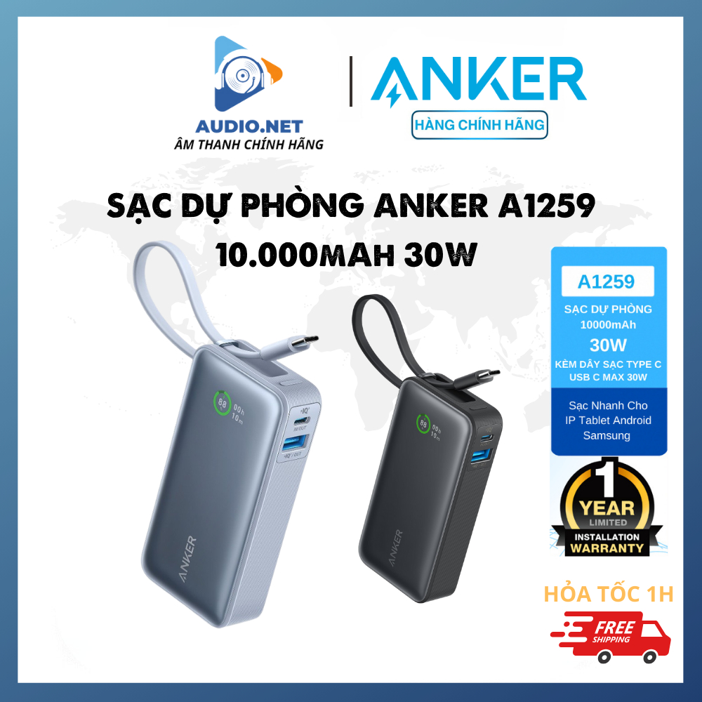 Sạc dự phòng Anker A1259 sạc nhanh IP 15 10000mAh 30W kèm cáp type C in/out, tương trợ PD PPS QC- BH 12 tháng