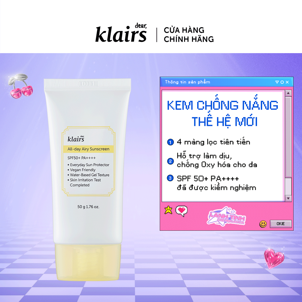 Dear,Klairs Kem chống nắng All-day Airy Sunscreen SPF50+ PA++++ 50g