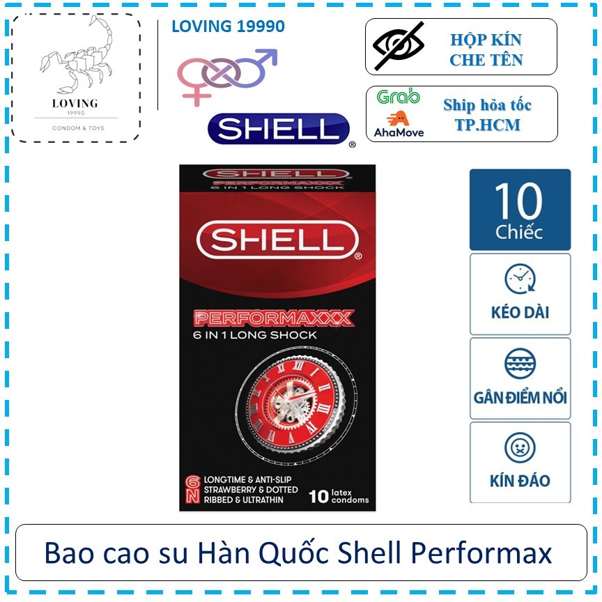 Bao Cao Su Shell-Premeum 6 Trong 1 Kéo dài thơi gian, gân, gai, siêu mỏng Hương Dâu (hộp 10 cái)