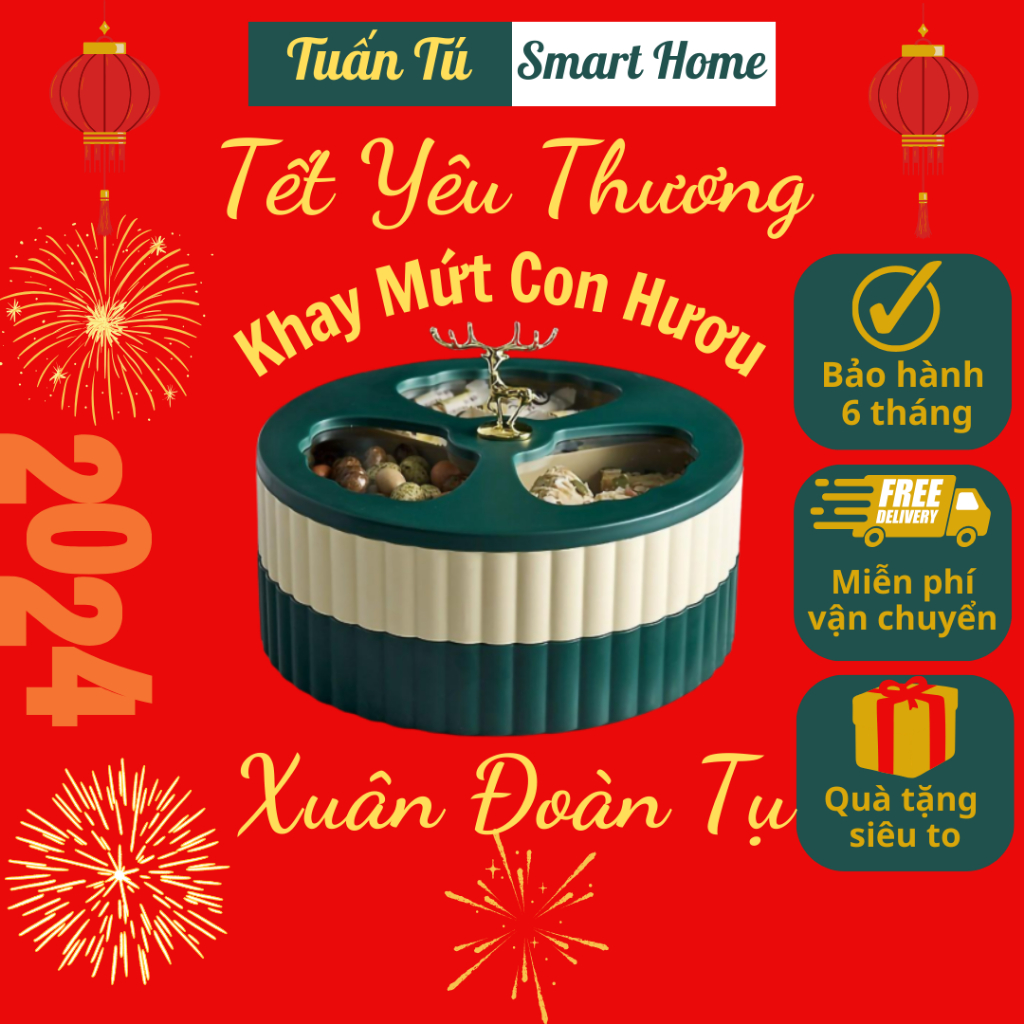 Khay Mứt Tết Hình Con Hươu 2 Tầng Xoay 360 Độ, Hộp Đựng Bánh Kẹo Thực Phẩm Thông Minh Sang Trọng