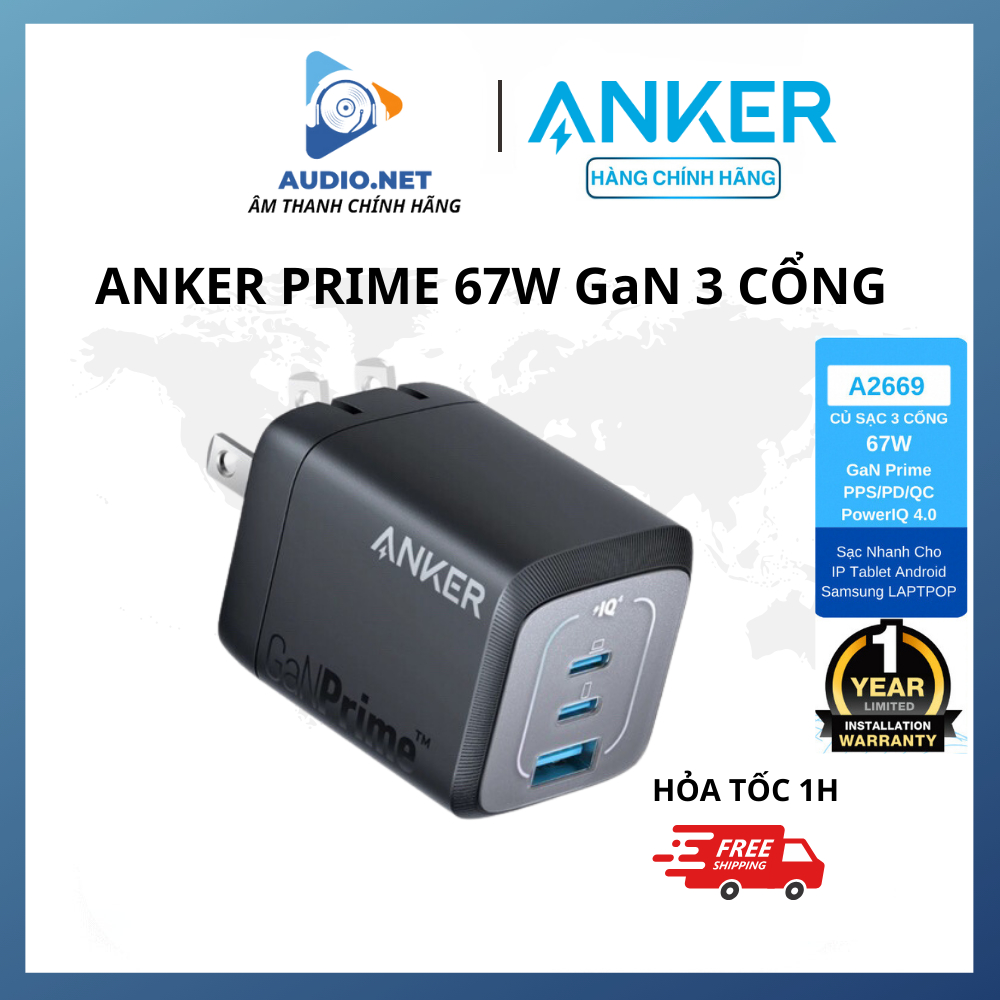 Củ sạc nhanh Anker 67W A2669 ( 3 cổng ) hỗtrợ PPS/QC/PD xịn - Bảo hành 12 tháng, 1 đổi 1 30 ngày \