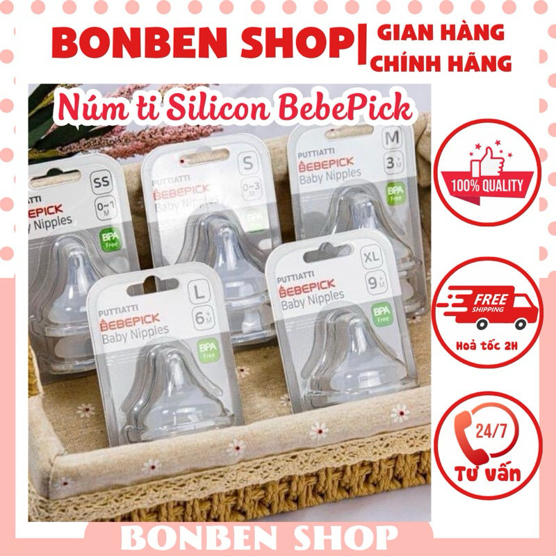 NÚM TY SILICON BEBEPICK HÀN QUỐC SIÊU MỀM 2 VAN THOÁT KHI FULL SIZE S M L XL