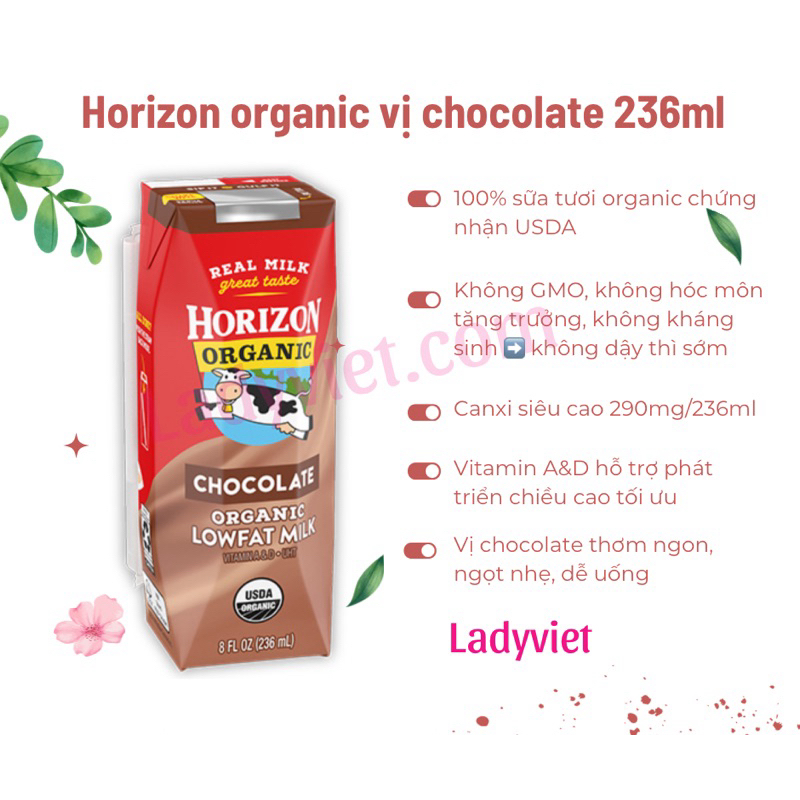 12 hộp Sữa organic Horizon chocolate 236ml