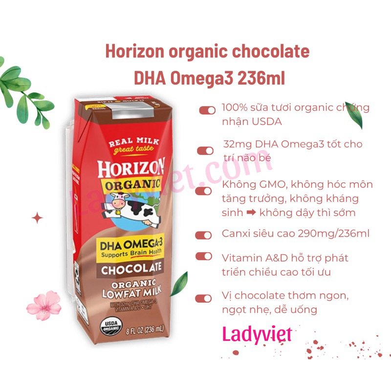 18 hộp Sữa Horizon organic Socola DHA Omega3 236ml