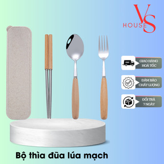Bộ thìa đũa inox cán gỗ lúa mạch có hộp đựng cao cấp vshouse