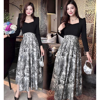 (HÀNG NHẬP - CAO CẤP) VÁY ĐẦM GẤM PHỐI THUN - DÁNG XÒE SANG CHẢNH ( MYY4500523)