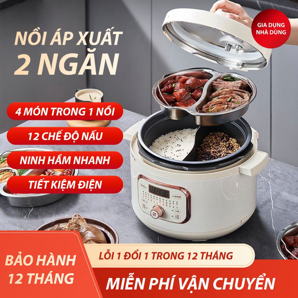 Nồi áp xuất điện 2 ngăn đa năng GHM - Hàng chính hãng bảo hành 24 tháng - 1 đổi 1 trong 1 năm