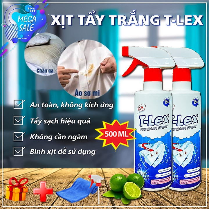 Tẩy Trắng Quần Áo T-LEX 500ml, Tẩy Mốc, Ố Vàng, Không Phai Màu - Dùng Cả Vải Trắng