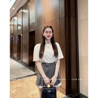 set áo thun trắng quần xám