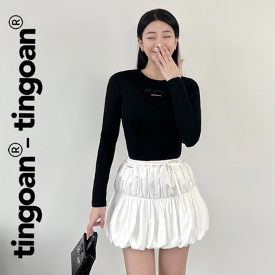 TINGOAN® - Áo dài tay cổ tròn co giãn đính logo phối nơ đen CHY TOP/BL