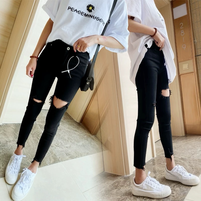 Quần jean nữ rách trên gối lưng cao dáng ôm skiny co giãn cao cấp