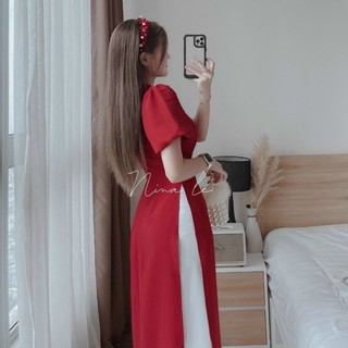 Set bộ áo dài mặc đi chơi Tết chất lụa 100D cổ tròn tay ngắn xẻ lai quần lưng thun ống rộng dài maxi