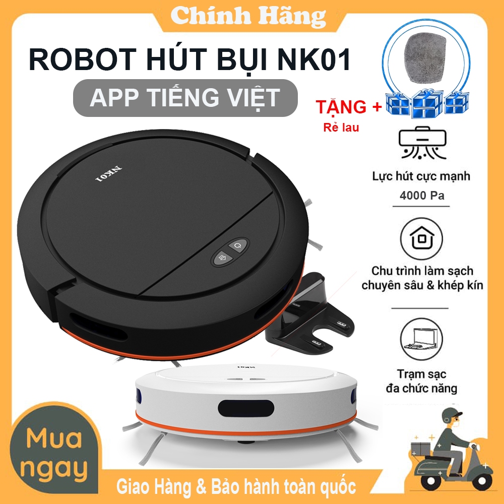 Robot Hút Bụi, Máy Hút Bụi Lau Nhà NK01 - Hút Siêu Mạnh 4000pa, Tự Sạc, Pin 120p, App Điều Khiển, Chống Rơi. BH 12T!