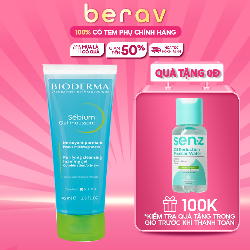 Gel rửa mặt tạo bọt, không chứa xà phòng Bioderma Sebium Gel Moussant - 45ml