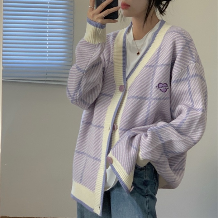 Hàng Sẵn_ Áo khoác len cardigan dệt kim dáng rộng kẻ sọc hadu shop