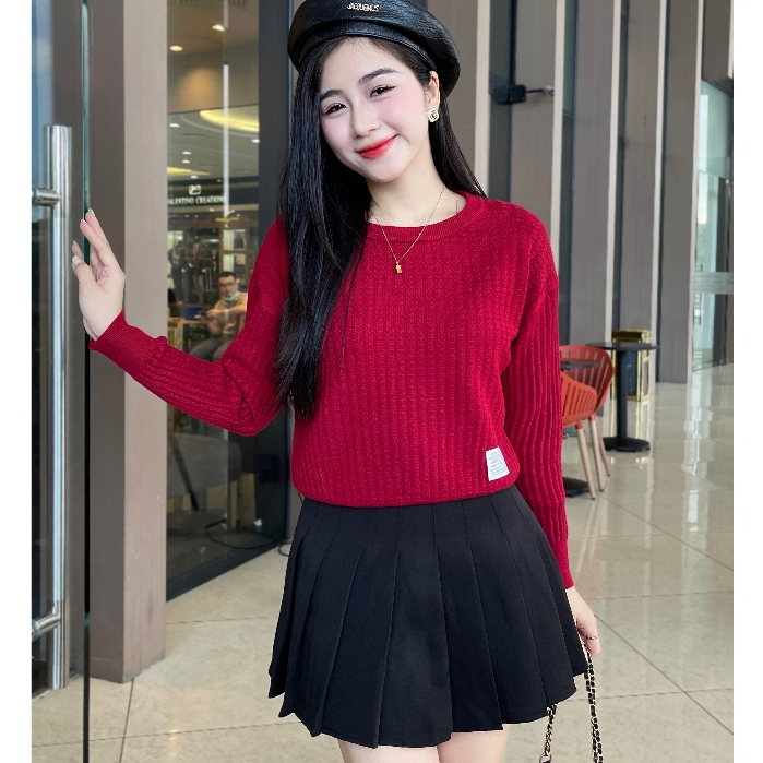 Áo len nữ dệt kim Logo cao cấp cổ tròn dài tay - chất len dày dặn mềm mịn form dáng dễ mặc dễ phối đồ
