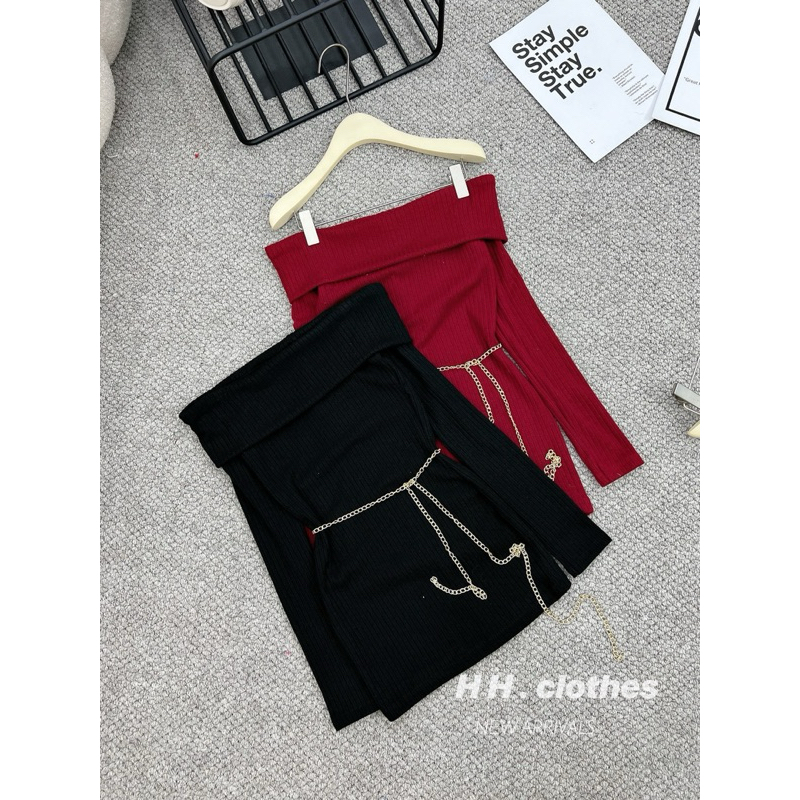 Váy len body trễ vai dài tay