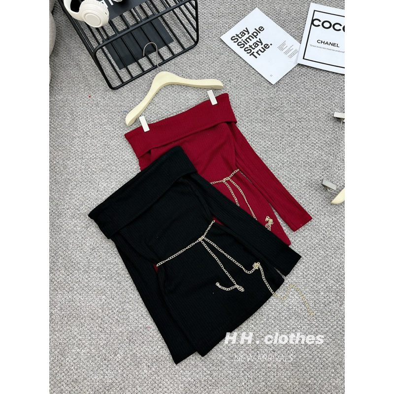 Váy len body trễ vai dài tay