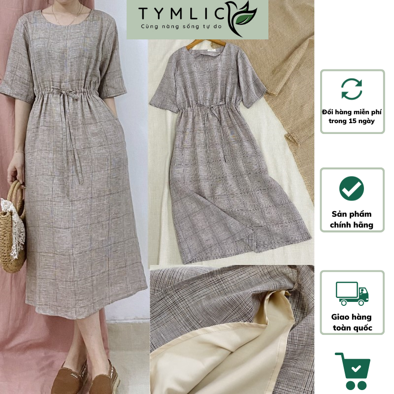 Đầm Suông Midi Cổ Tròn Linen Tưng Kiểu Dáng Rút Eo Màu Nâu TYMLIC