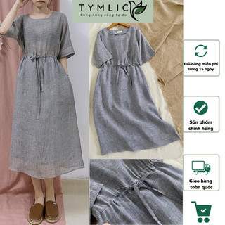 Đầm Suông Midi Cổ Tròn Linen Tưng Kiểu Dáng Rút Eo Màu Xanh Xám TYMLIC