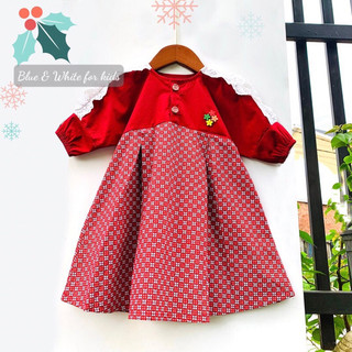 Đầm cho bé gái tay lỡ pli chân váy, 2 màu đỏ và oliu, chất thô cotton mềm mát