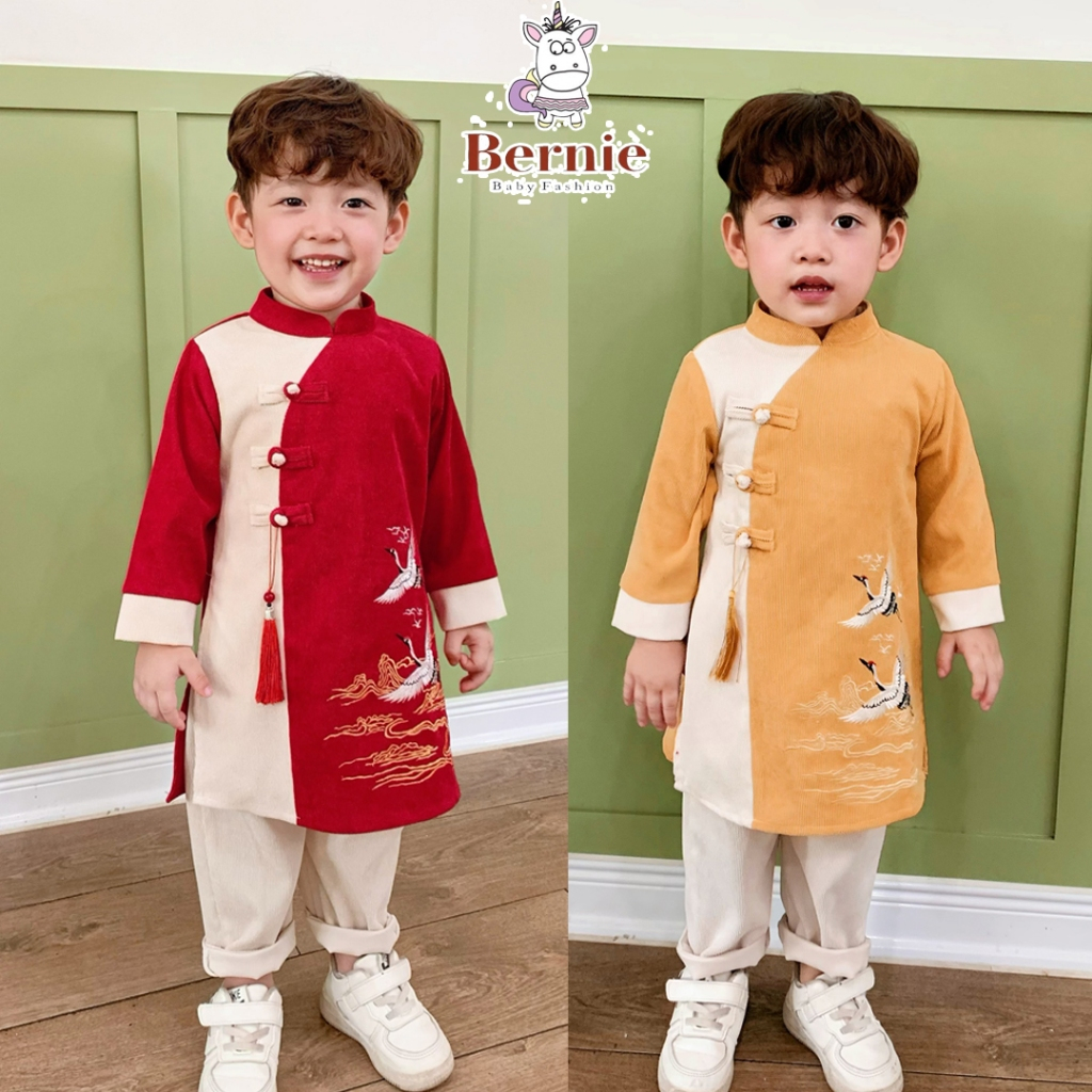 Bộ quần áo dài Tết bé trai Bernie nhung tăm thêu hạc - Áo dài cách tân cho bé từ 9-23kg- 0923B017