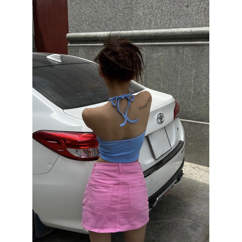 Chân váy jeans hồng