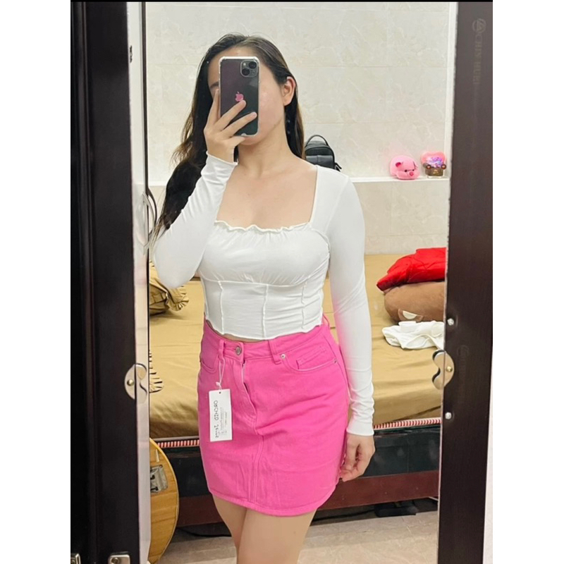 Chân váy jeans hồng