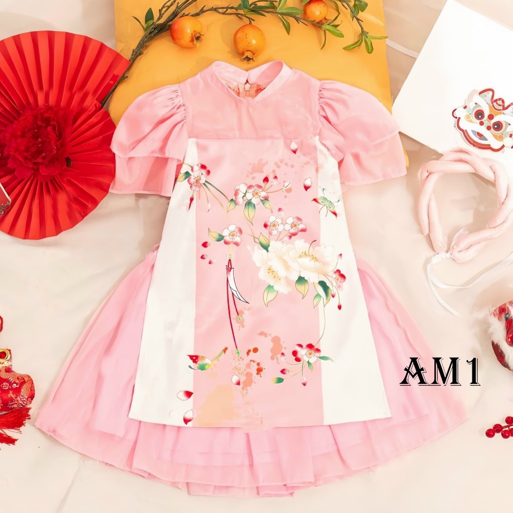Áo dài bé gái truyền thống hoa anh đào QATE634 TB193 Áo dài Tết hoa đào cho bé gái TB394 TN395