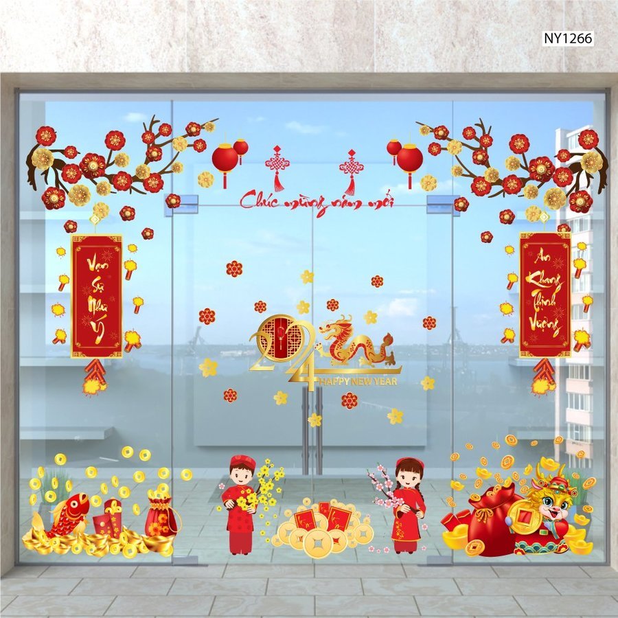 Decal Trang Trí Tết Giáp Thìn Tài Lộc May Mắn - Decal dán kính tết cao cấp có keo sẵn màu đẹp không để lại keo
