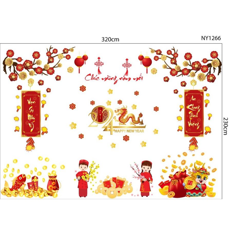 Decal Trang Trí Tết Giáp Thìn Tài Lộc May Mắn - Decal dán kính tết cao cấp có keo sẵn màu đẹp không để lại keo