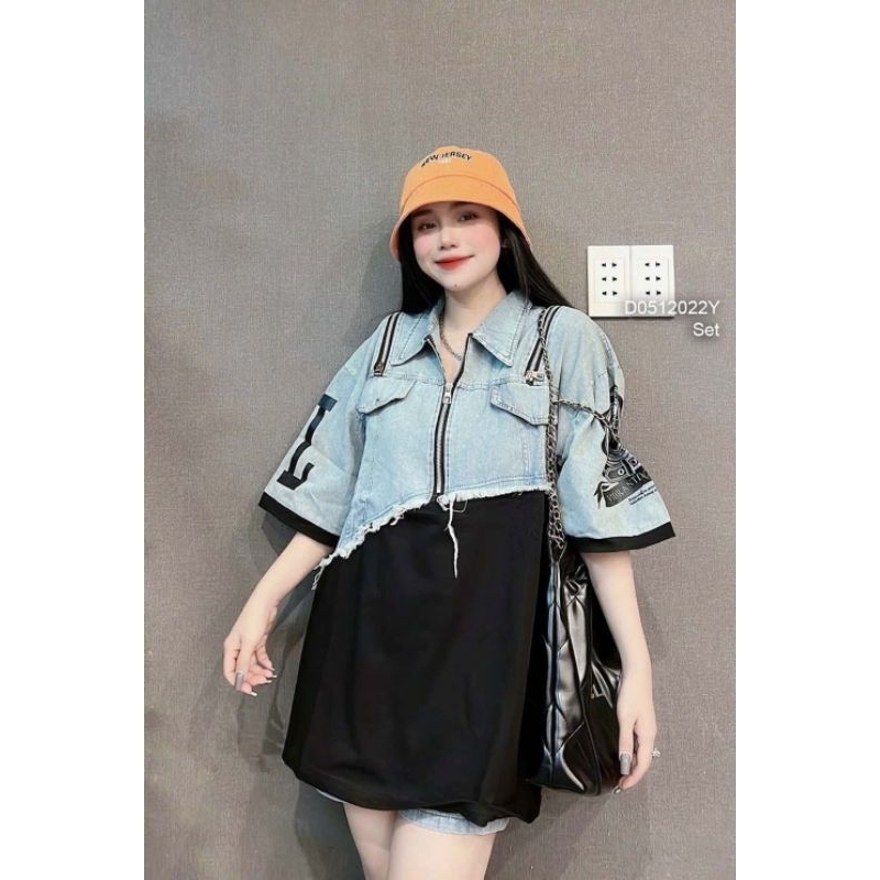Set quần short jean áo thun tay ngắn phối jean 2705
