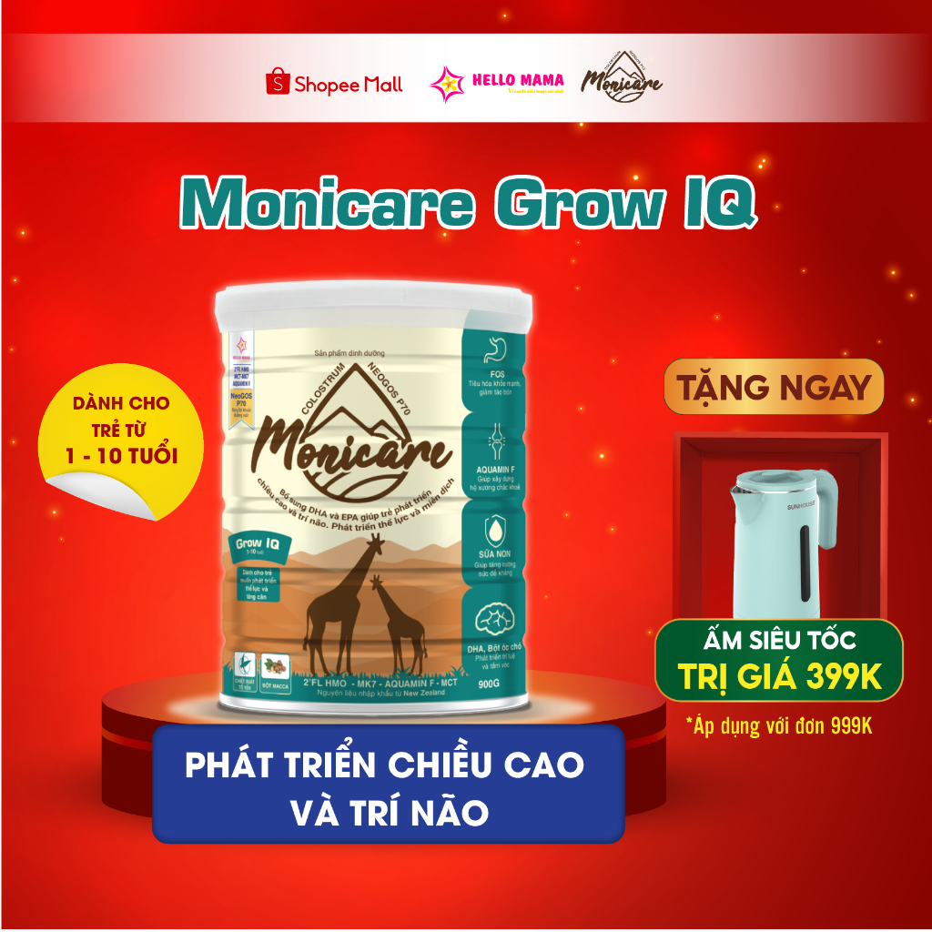 Sữa bột Monicare Grow IQ cho trẻ 1-10 tuổi giúp Phát Triển chiều cao và trí não - Hộp 900G