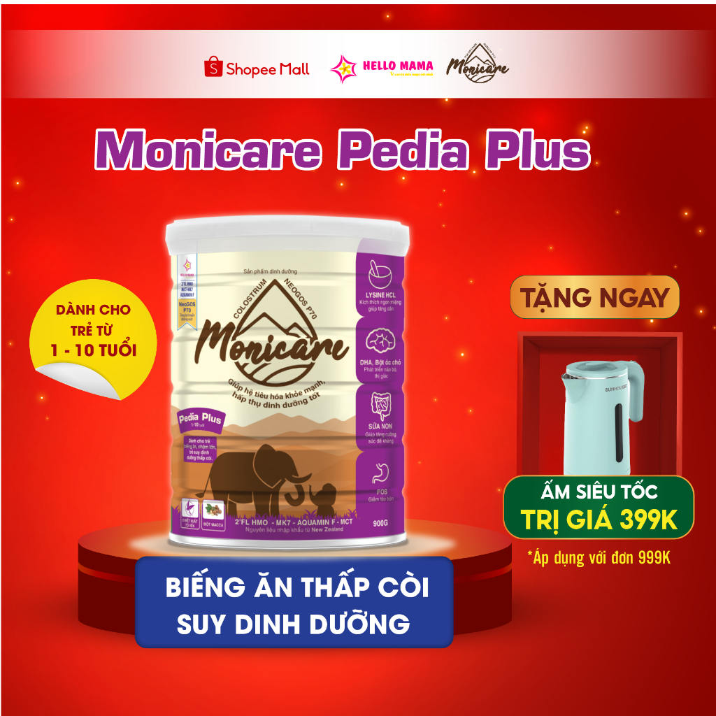 Sữa bột Monicare Pedia Plus cho trẻ 1-10 tuổi giúp Tiêu Hóa Khỏe, Hấp Thụ Tốt cho trẻ biếng ăn, thấp còi - Hộp 900G