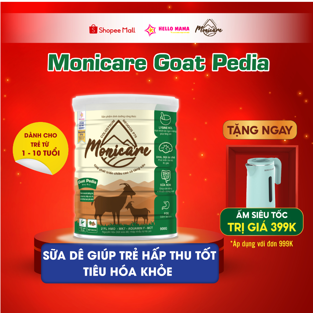 Sữa dê Monicare Goat Pedia cho trẻ dưới 6 tuổi bị dị ứng đạm sữa bò Giúp Tăng Cân, Hết Biếng Ăn - Hộp 900G