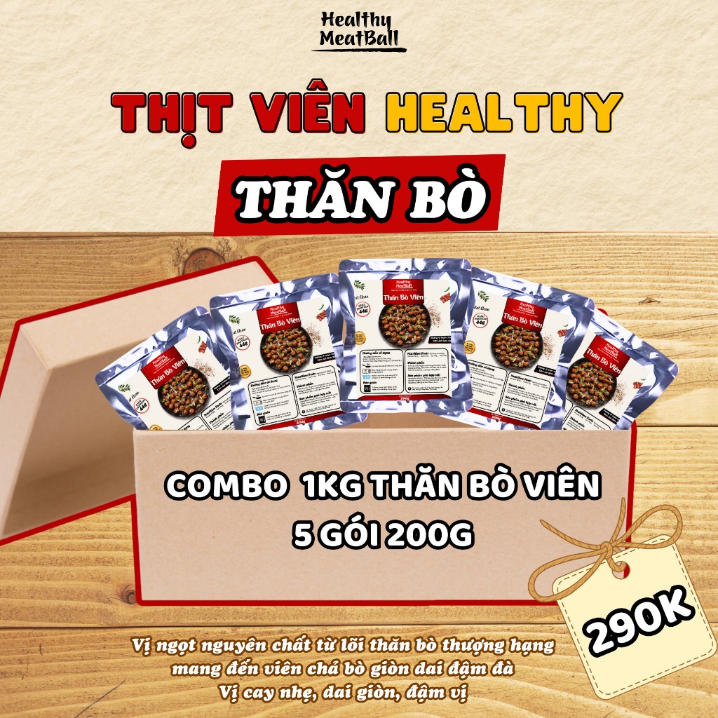 Combo 1KG 5 Gói Thăn Bò Viên Ăn Liền Eat Clean - Ăn Kiêng Tăng Cơ Giảm Mỡ