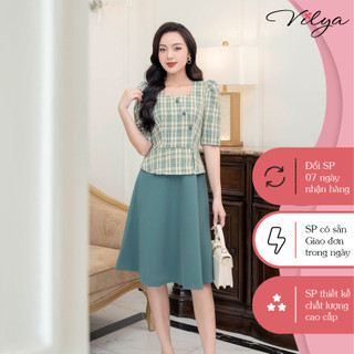 Đầm xòe kẻ xanh VILYA chất tuýt si kẻ phối tuyết mưa vitex màu xanh VD23-125