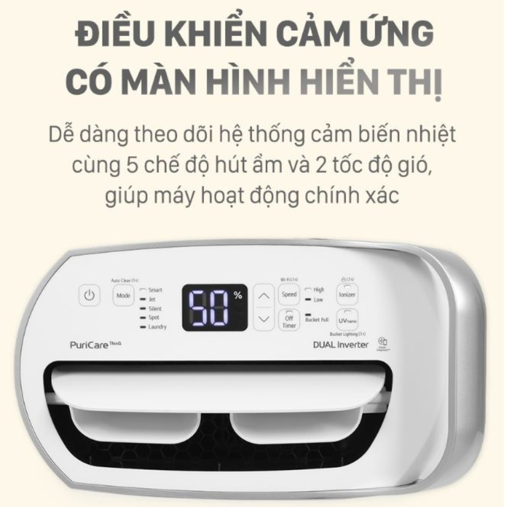 Máy hút ẩm LG Dual Inverter 16L MD16GQSE0 | Máy lọc không khí MD16GQSE0 trắng hút ẩm và sấy khô khử mùi cho phòng 40m2