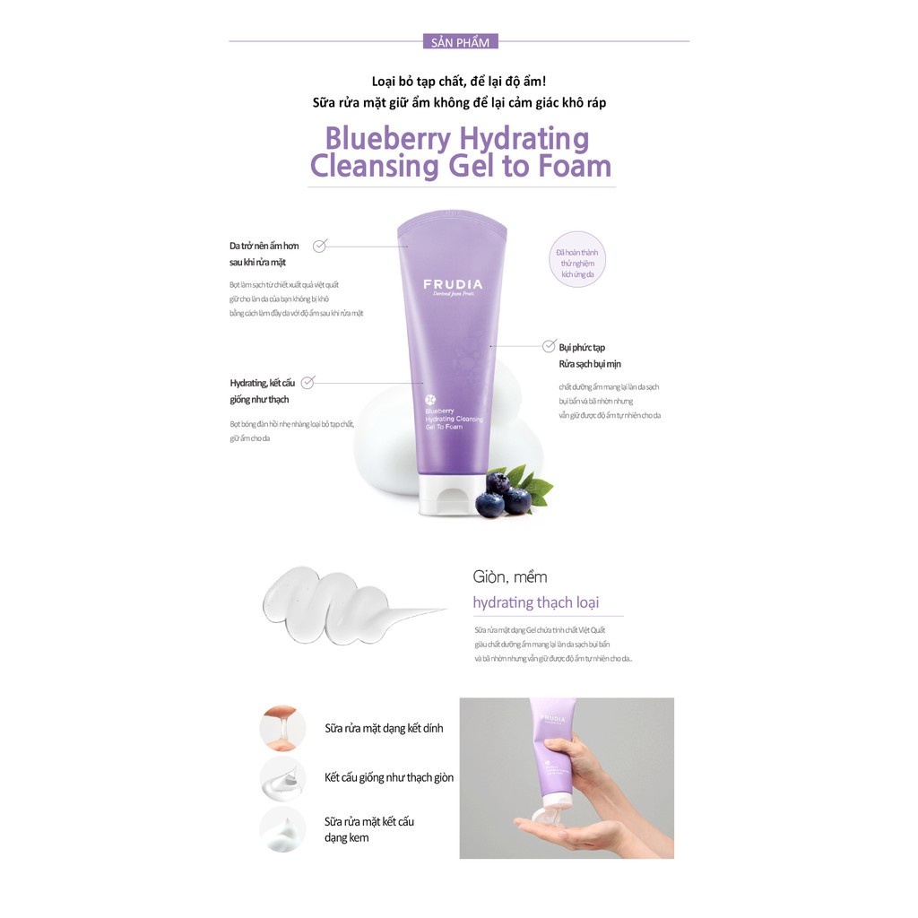 Gel rửa mặt tạo bọt Việt Quất dưỡng ẩm cho da khô Frudia Blueberry hydrating cleansing gel to foam 145ml