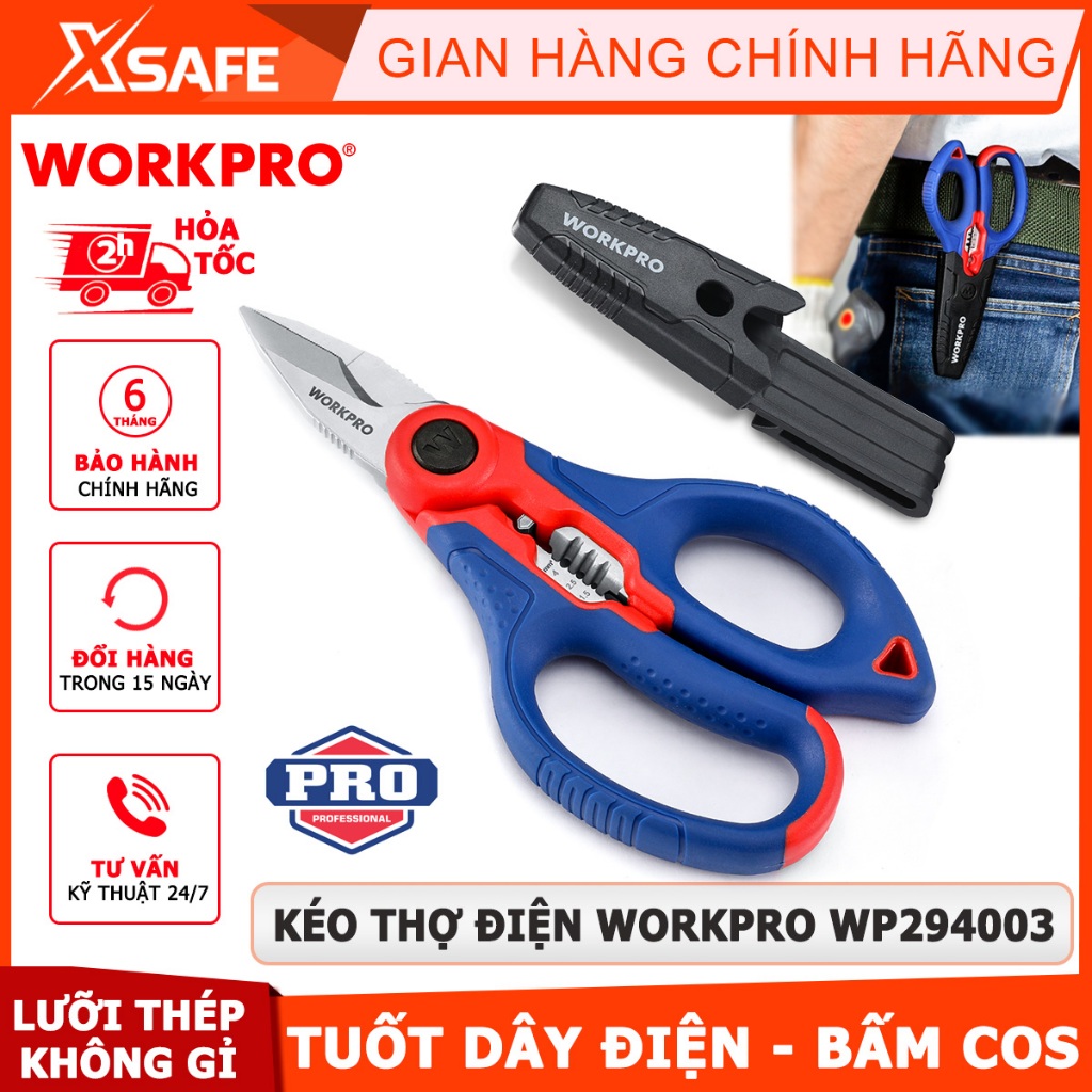 Kéo thợ điện WORKPRO WP294003 lưỡi cắt răng cưa sắc bén, cắt cáp dễ dàng, có đầu bấm cos, tuốt dây điện - Chính hãng