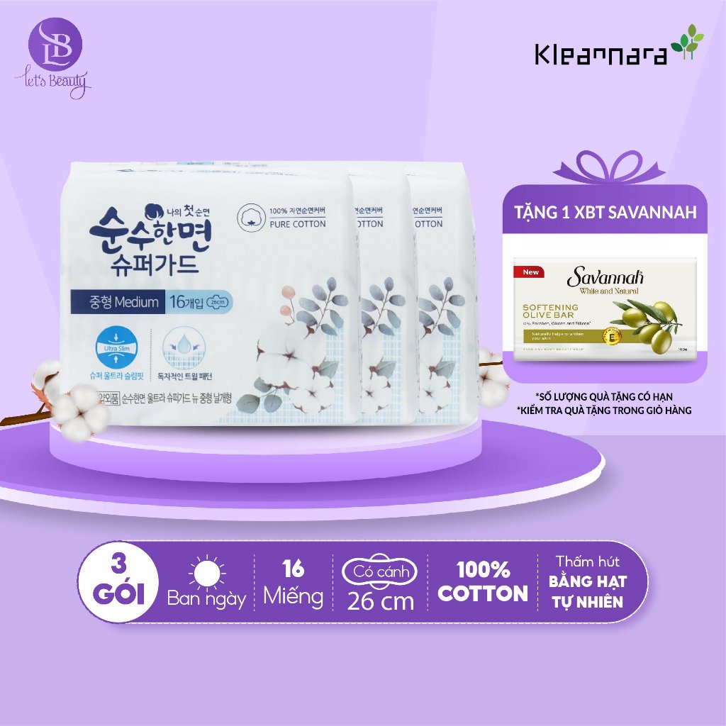 Combo 3 gói băng vệ sinh Kleannara Soonsoohan Hàn Quốc siêu mỏng ban ngày size M 26cm - 16 miếng/gói có cánh