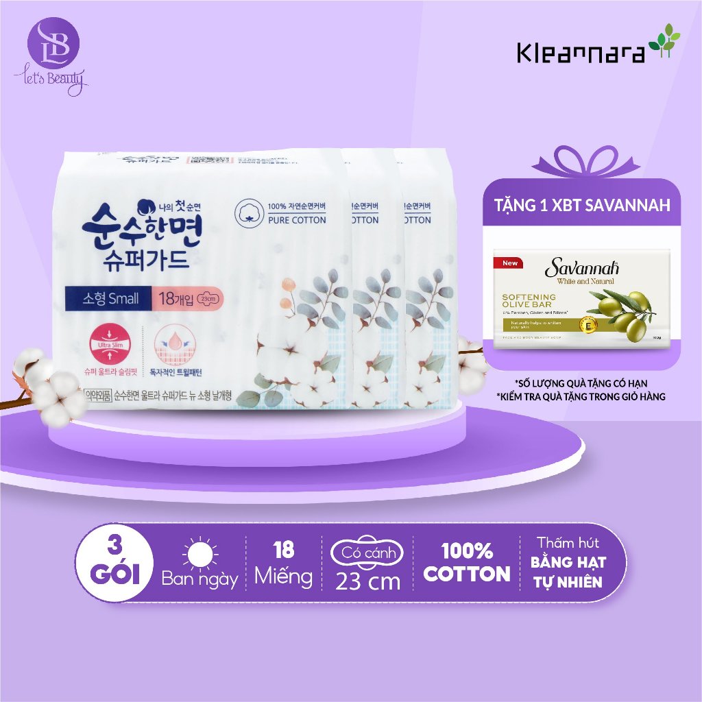 Combo 3 gói băng vệ sinh Kleannara Soonsoohan Hàn Quốc siêu mỏng ban ngày size S 23cm - 18 miếng/gói có cánh